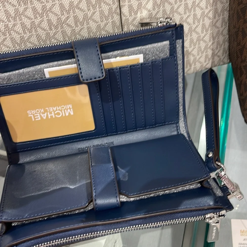 MICHAEL KORS JST LG DOUBLE ZIP WRISTLET WALLET PHONE HOLDER Navy Multi NWT